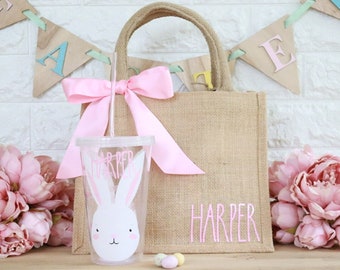 Easter Egg Hunt Bag & Cold Cup - Personalised - 4 Pastel Colours - Rabbit Ears Spring Gift Idea for Kids Reusable Jute Bag + Drink Tumbler