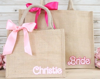 Personalised Jute Bag - Retro Doll Style Font - Travel Beach Bag Holiday Hen Party Bride Bridesmaid Maid of Honour Wedding Gift Idea for Her