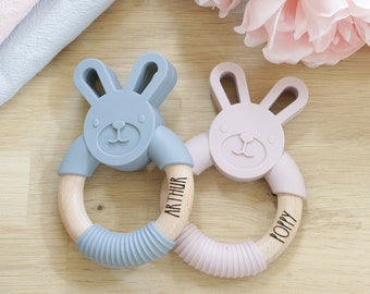 Bunny Teether - Silicone & Wood - Personalised Engraved New Baby Toy Teething Ring Newborn Toddler Shower Girl Boy Gift Idea - Pink or Grey