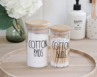 Cotton Buds & Pads Jar Set - Glass Bamboo Lid Jars - 200ml/300ml - Personalised Bathroom Self Care Storage - Other Fonts + Colours Available