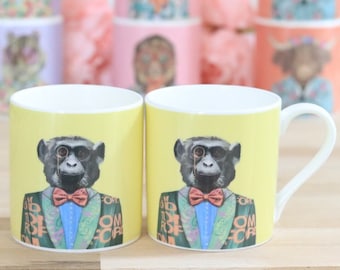 SALE! Bone China Mug or Scented Candle - Hand Poured Soy - Fashion Animals Charles Chimp - Coffee Hot Chocolate Printed Cup Gift Idea