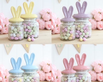 Leicht fehlerhafte Häschenohren Glasglas & Keramikdeckel 4 Farben 2 Größen Osterhase Kaninchen Schokolade Süßigkeiten Süßigkeiten Glas Geschenk Mini Eier Lagerung