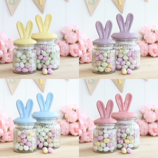 Slightly Flawed Bunny Ears Glass Jar & Ceramic Lid 4 Colours 2 Sizes Easter Bunny Rabbit Chocolate Candy Sweets Glass Gift Mini Eggs Storage