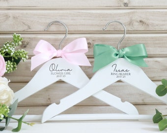 Children's Wedding Hanger - Personalised Natural or White Wood, Bridesmaid Page Boy Flower Girl Ring Bearer Kids Gift Idea Favour Ribbon Bow