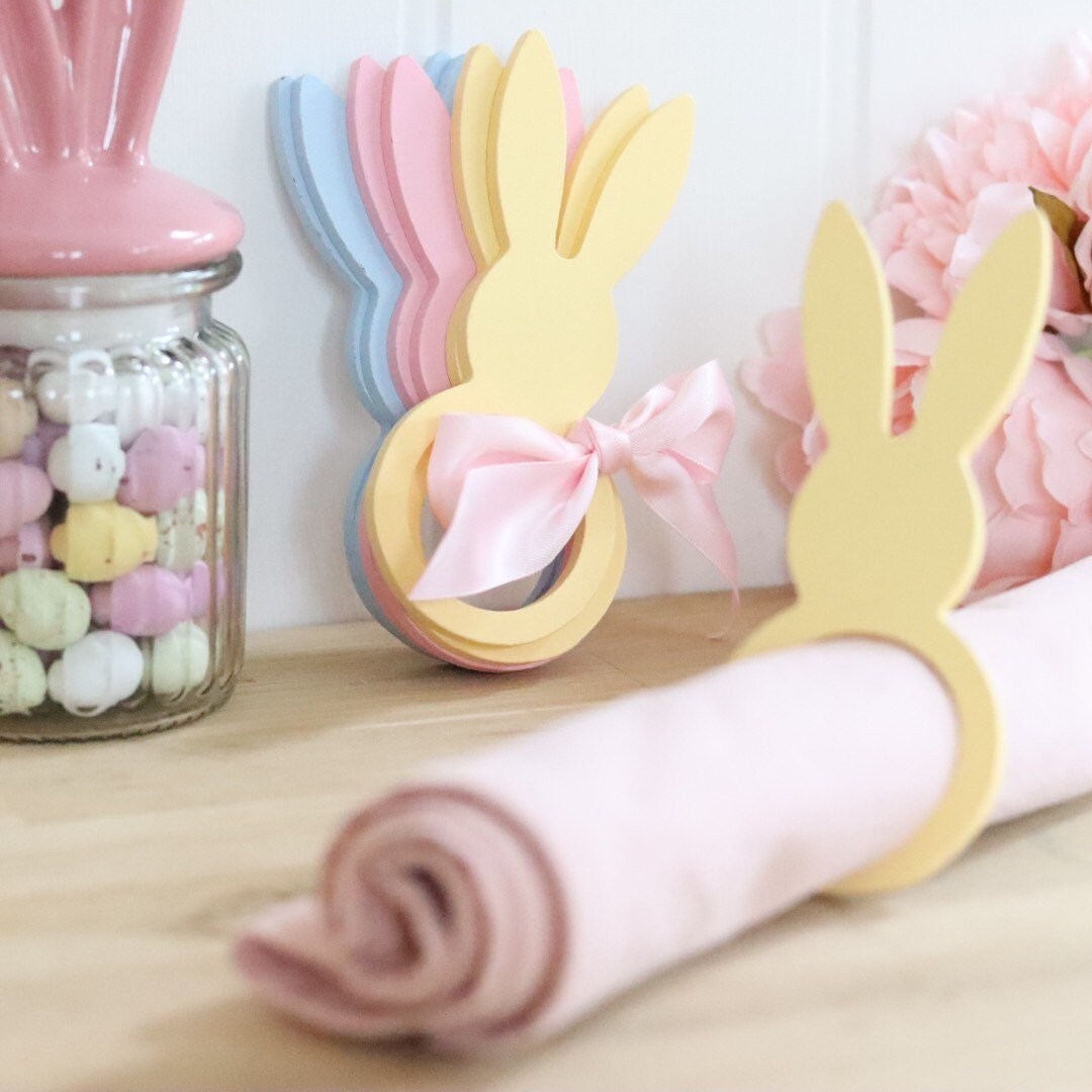 Bunny Ears Napkin Rings Set of 6 Pastel Wooden Wood Easter Rabbit