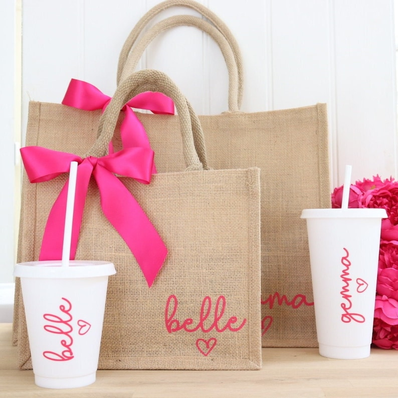 Jute Bag & Cold Cup Set Personalised Mother Daughter Summer Beach Holiday Travel Hen Party Bridesmaid Wedding Birthday Gift Idea for Her image 1
