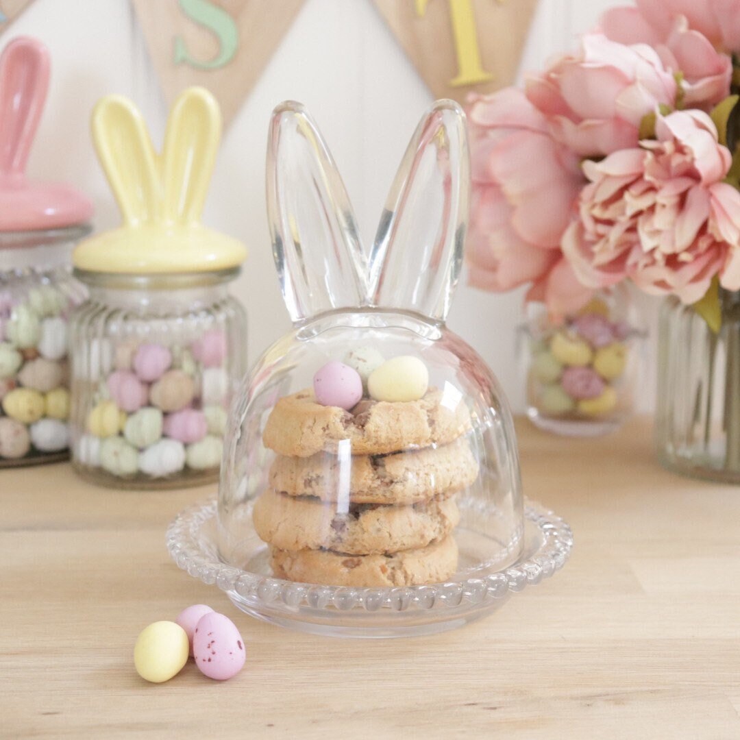 Bunny Ears Glass Jar Cloche & Beaded Plate Easter Rabbit Chocolate