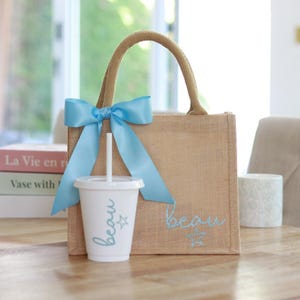 Jute Bag &/Or Cold Cup - Personalised - Summer Beach Holiday Travel Bridesmaid Wedding Birthday Party Favour Bag Set Gift Idea Her Girl Kids