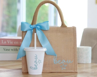 Jute Bag &/Or Cold Cup - Personalised - Summer Beach Holiday Travel Bridesmaid Wedding Birthday Party Favour Bag Set Gift Idea Her Girl Kids