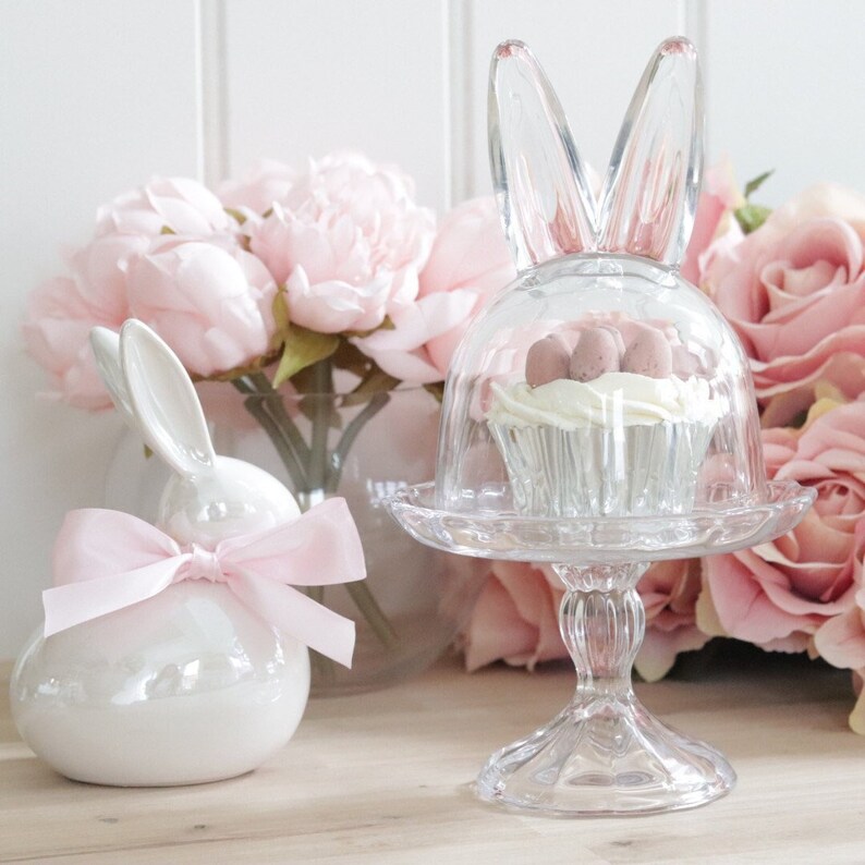 Bunny Ears Jar Glass Cloche & Fluted Plate on Stand Easter Etsy