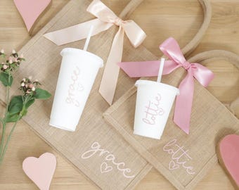 Jute Bag &/Or Cold Cup - Personalised - 25 Colours! Beach Holiday Travel Bridesmaid Wedding Birthday Party Favour Tote Gift Idea Her Girl
