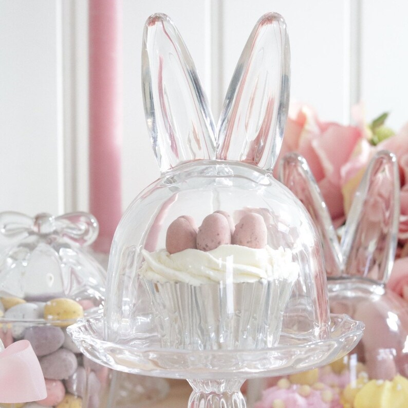 Bunny Ears Jar Glass Cloche & Fluted Plate on Stand Easter Etsy