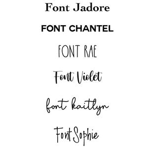 May include: A list of different font names, including Jadore, Chantel, Rae, Violet, Kaitlyn, and Sophie.