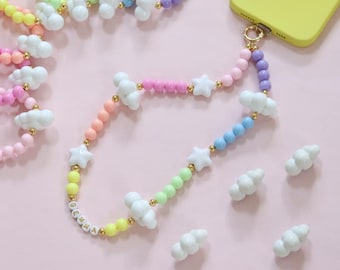 Beaded Phone Charm Wristlet Strap - Clouds, Stars, Pastel Rainbow & Gold Beads - Handmade Custom Personalised Name or Initials