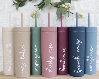 Skinny Matte Tumbler - Personalised Double Wall Cold Cup & Straw 16oz -  Iced Latte Juice Water Hen Wedding Party Birthday Gift Idea Her Him