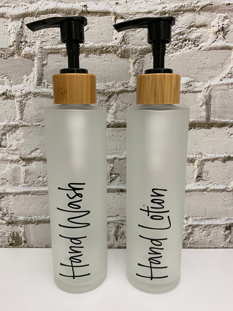 Personalised Frosted Glass Pump Dispenser Bottle With Bamboo Etsy