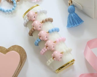 Beaded Pig Charm Bracelet - Handmade Custom Stretch Pastel 'Piggy Pink' Chunky Bead Bracelet - Kids & Adult Sizes