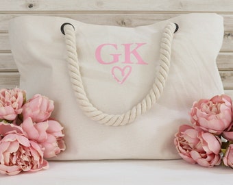Personalised Cotton Canvas Bag - Rope Handles - Initials Colour Choice Holiday Beach Hen Party Bridesmaid Wedding Birthday Gift Idea for Her