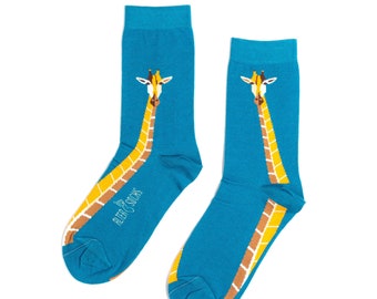 May include: A pair of turquoise socks featuring a giraffe design. The giraffe's head and neck are yellow, brown, and white, with the giraffe's head at the top of the sock. The socks have the text "ALTER SOCKS" printed on the side.