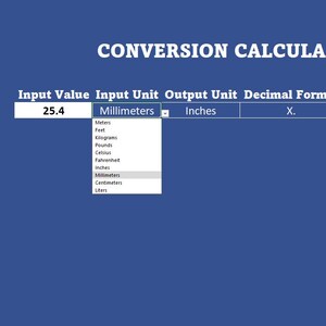 Pode incluir: Gráfico azul com o texto "CONVERSION CALCULATOR". A calculadora mostra uma conversão de milímetros para polegadas, com um valor de entrada de 25,4 milímetros convertendo para 1 polegada. O design inclui elementos de engrenagens e industriais.