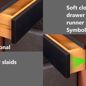 May include: Close-up of two drawer slides. The top drawer slide is labelled "Soft close drawer runner system Symbol ,Soft". The bottom drawer slide is labelled "Traditional wood drawer slaids".