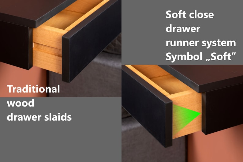 May include: Close-up of two drawer slides. The top drawer slide is labelled "Soft close drawer runner system Symbol ,Soft". The bottom drawer slide is labelled "Traditional wood drawer slaids".