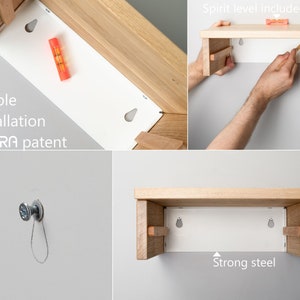 May include: A wooden shelf with a white metal bracket and two holes for mounting. The shelf is being installed on a wall with a spirit level and a pencil. The text "Spirit level included" is visible in the image. The shelf is made of solid wood and has a natural finish. The bracket is made of strong steel and is designed to hold up to 20 pounds. The shelf is easy to install and comes with all the necessary hardware.