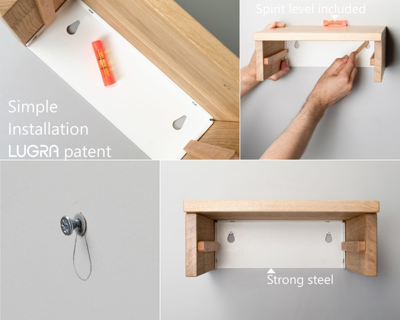 May include: A wooden shelf with a white metal bracket and two holes for mounting. The shelf is being installed on a wall with a spirit level and a pencil. The text "Spirit level included" is visible in the image. The shelf is made of solid wood and has a natural finish. The bracket is made of strong steel and is designed to hold up to 20 pounds. The shelf is easy to install and comes with all the necessary hardware.