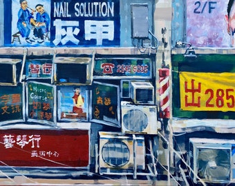 You There, Signs, Hong Kong, Original Cityscape Painting, Urban Landscape
