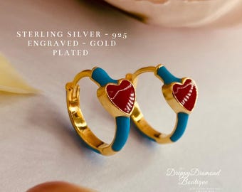 18k Gold Plated Sterling Silver Huggie Hoop Earrings - Red Heart & Blue Multicolour Earring - Vintage Style Fine Heart Style Jewellery Gift