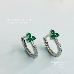 925 Sterling Silver Dainty Huggie Hoop Earrings - Green and White Zircon Crystals - Fine Flower Style Jewellery Gift