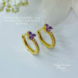 18k Gold Plated 925 Sterling Silver Dainty Huggie Hoop Earrings - Purple and White Zircon Crystals - Fine Flower Style Jewellery Gift