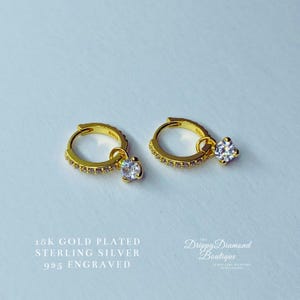 18k Gold Plated 925 Sterling Silver Dainty Sphere Drop Pendant - Huggie Hoop Earrings - White Zircon Crystals Fine Style Jewellery Gift