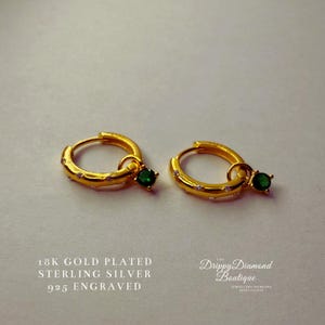 18k Gold Plated 925 Sterling Silver Green Crystal Sphere Drop Pendant - Huggie Hoop Earrings White Zircon Crystals Fine Style Jewellery Gift