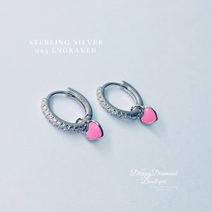 Boucles d'oreilles créoles délicates Huggie en argent sterling 925 - Petit pendentif coeur - Cristaux de zircon rose et blanc - Cadeau bijoux de style raffiné pour elle