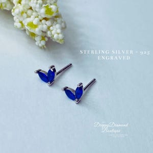 925 Sterling Silver Dainty Dolphin Tail Stud Earrings - Silver and Dark Blue Crystal, Simple Cute Small Gift for Her