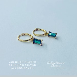 18k Gold Plated 925 Sterling Silver Dainty Rectangular Huggie Hoop Earrings - Green Crystal Minimalistic Style Geometric Gift for Her