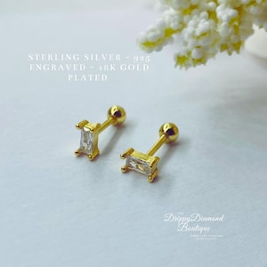 18k Gold Plated 925 Sterling Silver Dainty Stud Rectangular Earrings - Gold and White Clear Crystal, Minimalistic Style Geometric Gift