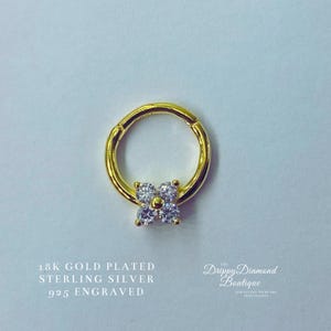 18k Gold Plated 925 Sterling Silver Clicker Dainty Septum Ring Conch Earring Four Petal Fine Flower Design White Zircon Crystal Gift for Her