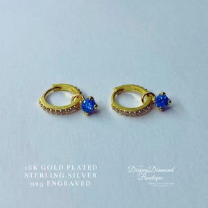 18k Gold Plated 925 Sterling Silver Dainty Blue Sphere Drop Pendant - Huggie Hoop Earrings - White Zircon Crystals Fine Style Jewellery Gift