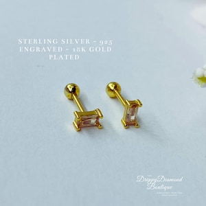 18k Gold Plated 925 Sterling Silver Dainty Stud Rectangular Earrings - Gold and Orange Beige Crystal, Minimalistic Style Geometric Gift