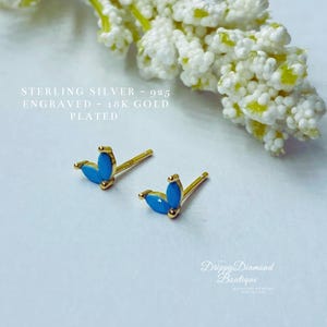 18k Gold Plated 925 Sterling Silver Dainty Dolphin Tail Stud Earrings - Gold and Light Blue Stone Crystal, Simple Cute Small Gift for Her