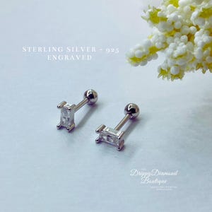 925 Sterling Silver Dainty Stud Rectangular Earrings - Silver and White Clear Crystal, Minimalistic Style Geometric Gift for Her