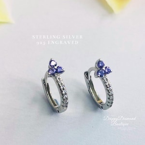 925 Sterling Silver Dainty Huggie Hoop Earrings - Purple and White Zircon Crystals - Fine Flower Style Jewellery Gift