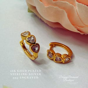 18k Gold Plated 925 Sterling Silver Huggie Hoop Earrings - Waterproof Clear Crystal 3 Heart Style Waterproof Slightly Chunky Gift for Her