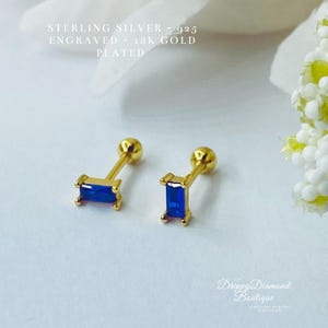 18k Gold Plated 925 Sterling Silver Dainty Stud Rectangular Earrings - Gold and Blue Crystal, Minimalistic Style Geometric Gift