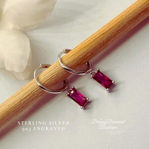 925 Sterling Silver Dainty Rectangular Huggie Hoop Dangle Earrings Pink Crystal Minimalistic Style Geometric Gift for Her Waterproof
