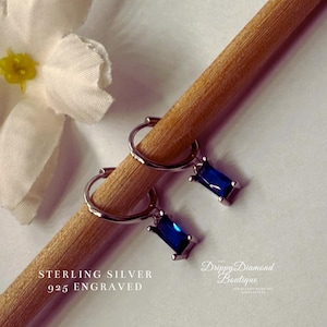 925 Sterling Silver Dainty Rectangular Huggie Hoop Dangle Earrings Blue Navy Crystal Minimalistic Style Geometric Gift for Her Waterproof