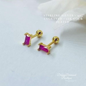 18k Gold Plated 925 Sterling Silver Dainty Stud Rectangular Earrings - Gold and Pink Crystal, Minimalistic Style Geometric Gift