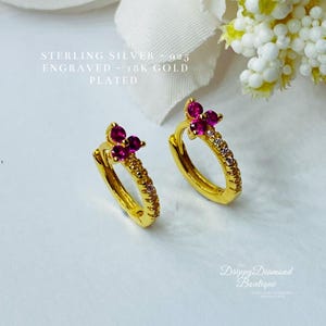 18k Gold Plated 925 Sterling Silver Dainty Huggie Hoop Earrings - Pink and White Zircon Crystals - Fine Flower Style Jewellery Gift